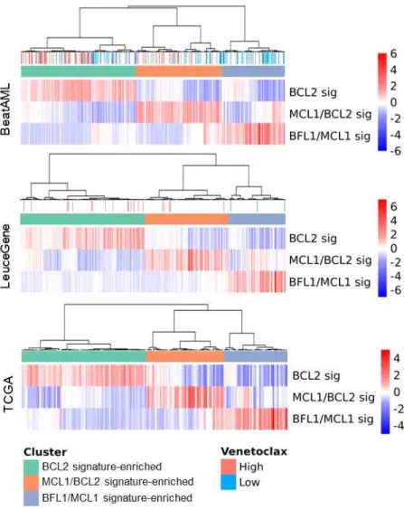 Fig. 3. Identification of BCL2 Family-Related AML Subtypes H matrix presenting BCL2 family expression signature profiles calculated using optimized genes