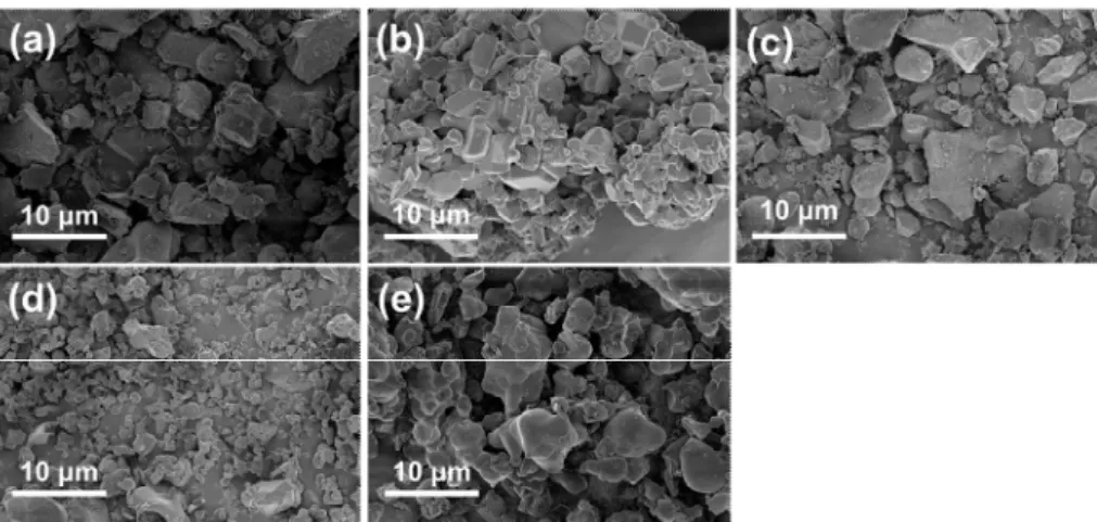 Fig. 2-1 SEM images of Na 2-2x Sr x Li 2 Ti 6 O 14 : (a) x=0.0, (b) x=0.25, (c) x=0.5,  (d) x=0.75 and (e) x=1.0