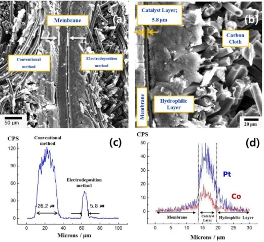 Figure  11. Cross-sectional SEM images and EPMA concentration profiles of the  electrodeposited electrode from Pt 76 Co 24   catalyst: (a) Cross-sectional image of MEA  consisting of a conventional anode (left), pulse electrodeposited cathode (right) and N