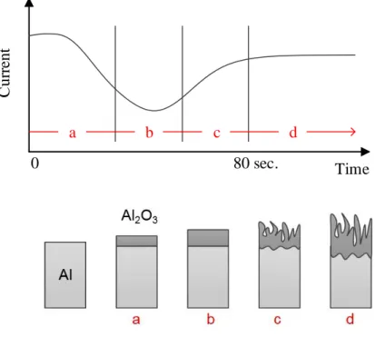 Fig. 2.2 Current-time curve and schematic for a typical anodization 