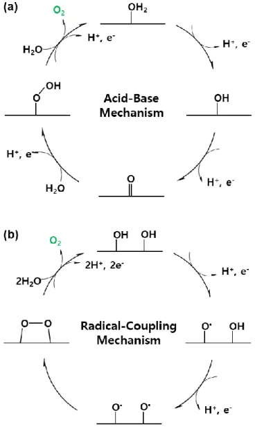 Figure 1.1 Schematic representation of water oxidation mechanism (a) Acid-Base  (AB) mechanism for O-O bond formation (b) Radical-Coupling (RC) mechanism for  O-O bond formation