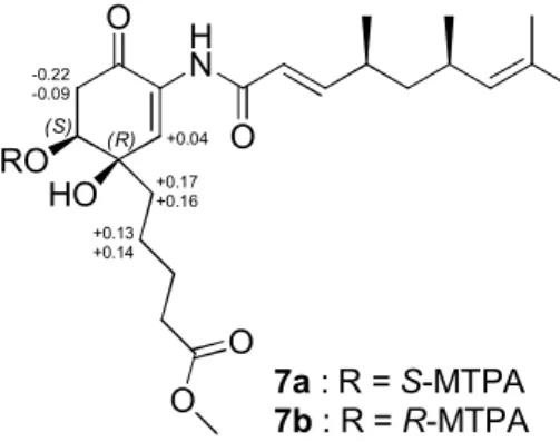 Figure 4. Dd S-R  values (ppm) obtained for the  S- and  R-MTPA esters (7a  and 7b). 