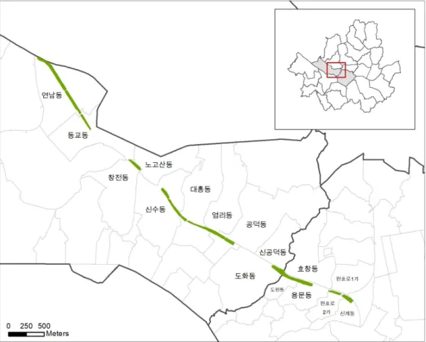 [그림 1-1] 경의선 공원이 통과하는 마포구・용산구의 법정동 지도