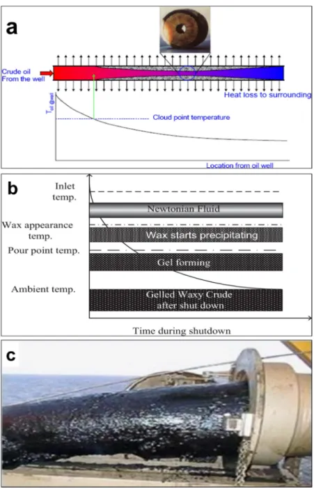 Figure 4. Occurrence of wax deposition once the internal temperature is less than the cloud point  temperature (a), Development of gas holes in gelled waxy crude oil (b), and gelled crude oil in a pipe  (c)