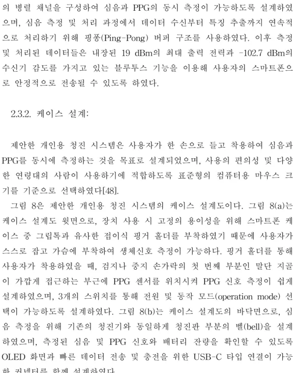 그림 8은 제안한 개인용 청진 시스템의 케이스 설계도이다. 그림 8(a)는 케이스 설계도 윗면으로, 장치 사용 시 고정의 용이성을 위해 스마트폰 케 이스 중 그립톡과 유사한 접이식 핑거 홀더를 부착하였기 때문에 사용자가 스스로 잡고 가슴에 부착하여 생체신호 측정이 가능하다