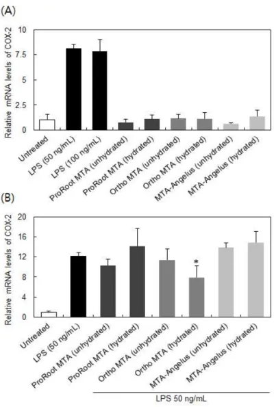 Figure  2.  Cox-2  mRNA  expression  in  RAW  264  cells  treated  of  MTA  extracts  (A)  and  co-treated  with  MTA  extracts  and  LPS  (B)