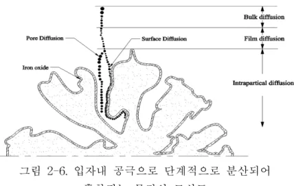 그림 2-6. 입자내 공극으로 단계적으로 분산되어 흡착되는 물질의 모식도