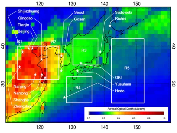 Figure 1. MODIS-derived AOD at wavelength of 550 nm in East Asia averaged during 2004-2014  with selected regions and stations in white box and star shape, respectively