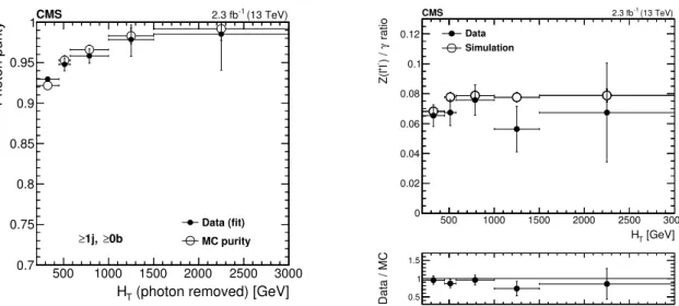 Figure 3. The left plot shows the photon purity, P γ , measured in data for the single-photon control sample compared with the values extracted from simulation