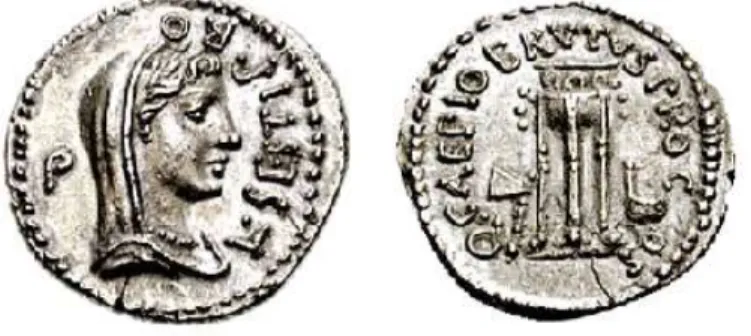 그림 4) 15-13  BCE,  옥타비아누스의 데나리우스, 리옹 주조 앞면: AUGUSTUS  DIVI  F, 오른쪽을  보고  있는 옥타비아누스 뒷면: IMP X,  SICIL, 활과 창을 들고 있는 디아나 여신, 왼쪽에는 개 http://www.wildwinds.com/coins/ric/augustus/RIC_0172.jpg