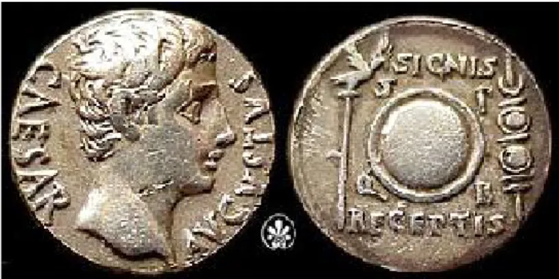 그림 11)  19-18  BCE, 아우구스투스의  데나리우스,  콜로니아  파트리키아 앞면:  CAESAR  AUGUSTUS,  아우구스투스의  초상