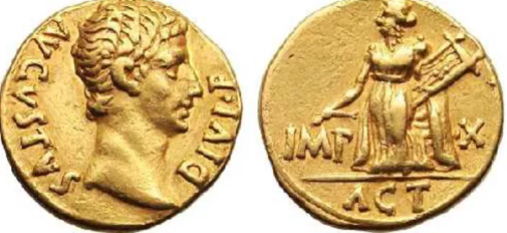 그림  10)  15-13  BCE,  아우구스투스의  아우레우스,  리옹 앞면:  AUGUSTUS  DIVI  F,  아우구스투스의  초상