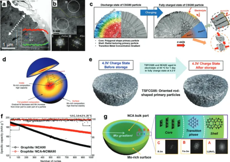Figure 16.  a) EDS compositional line-scan of a particle from the cycled CS cathode after 100 cycles, and b) high-resolution TEM image of the cycled  CS cathode with Fourier transform from regions marked I and II