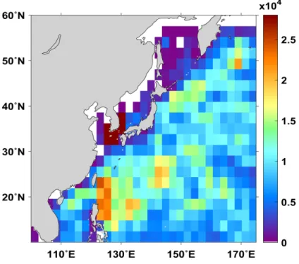 Figure 3. Spatial distributions of the number of the temperature observations by drifters and moored buoys in the study area for the period July 2012 to August 2016.