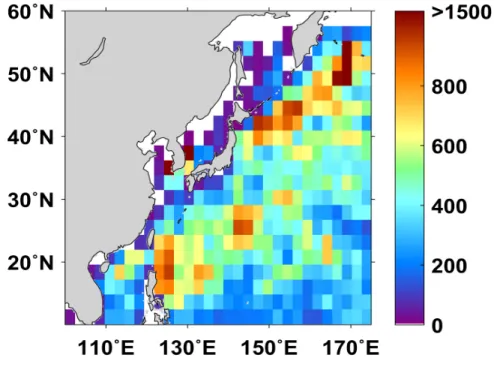 Figure 5. Spatial distributions of the number of matchup points in the study area for the period July 2012 to August 2016.