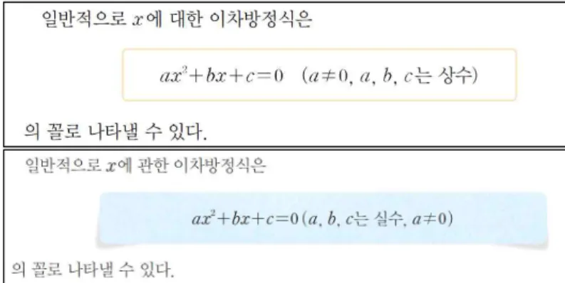 [그림  Ⅳ-6]  이차방정식의  뜻과  해(고호경  외,  2015,  pp.  81-82) 