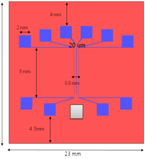 그림 2.1 Mask design for substrate fabrication; (blue) the mask design for metal patterning, (gray) the mask design for Si exposed