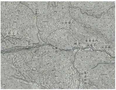 그림 1 내미로리 지형도 (5만분의 1 지형도 / 1917년 간행) 그리고 서쪽에 두타산(頭陀山)이 우뚝 솟아있고 그 기슭에 흑악 (黑岳)이 있다. 천제봉(天祭峯)과 고조봉(顧祖峯)은 솔모산(率母山) 줄기로 본 동리 동쪽에 각각 준순(逡巡)하고 있다