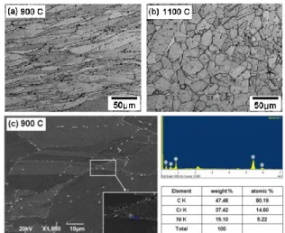Fig.  8  Deformed  microstructures  of  NIMONIC  80A  at  strain rate 0.2 s-1: (a), (b) are optical micrographys  at  900°C,  1100°C  and  (c)  is  SEM  micrograpy  at  900°C  개재물에  대하여  SEM  을  이용하여  관찰한  결과  Fig