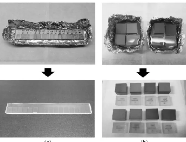Fig. 3 Photos of NAK80 molds and replicated silicone  surfaces by using (a) DS-EDM and (b) WC-EDM 