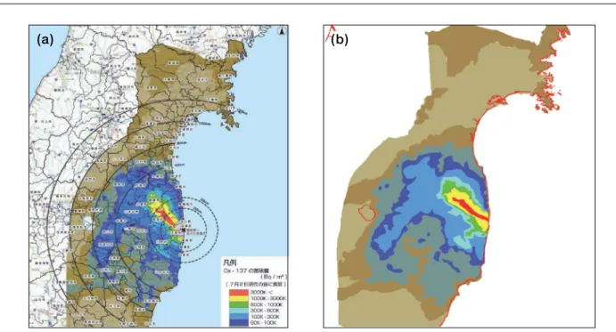 Fig. 1. Concentration distributions of  137 Cs on the soil (a) PDF form, (b) NETCDF form.