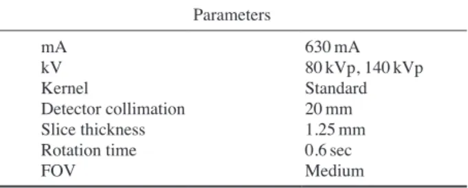 Table 1. CT parameters by CT scanner equipments Parameters mA 630 mA kV 80 kVp, 140 kVp Kernel Standard Detector collimation 20 mm Slice thickness 1.25 mm