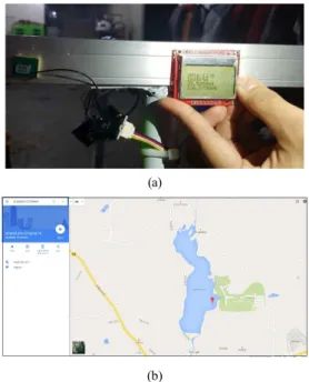 그림 3. GPS 시스템 (a) GPS 센서와 LCD (b)  스마트 폰 어플에 표시된 녹조제거 자동화 시스템의 위 치 다. 카메라 센서 구성 및 운용 시스템에 부착한 카메라는 블루투스 연결을 통 한 JPEG 압축 영상 무선 송신을 하며, 블루투스 가 장착된 컴퓨터, 노트북, 스마트폰에서 영상을 수신 할 수 있다