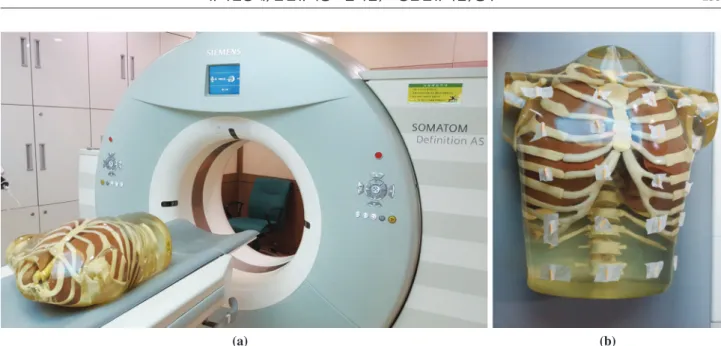 Fig. 1. MDCT equipment (a) and chest phantom (b).`