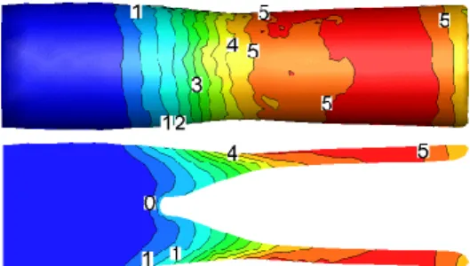 Fig. 4 Deformed cross-sections with strain distributions  of the workpiece after 5 seconds 