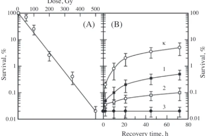 Fig. 2 exhibits the results of experiments with the same  diploid yeast cells exposed to α-particles (densely ionizing  radiation)