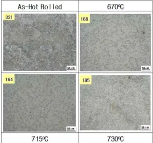 Fig.  2  Optical  micrographs  and  vickers  hardness  of  spheroidizing-annealed steel sheets and as-hot  rolled steel sheet 