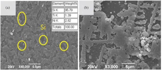Fig. 1. SEM images for Ni seed layer with thickness of 200 Å (a) and Ni coated PN junction semiconductor at a Ni seed layer of 200 Å (b).