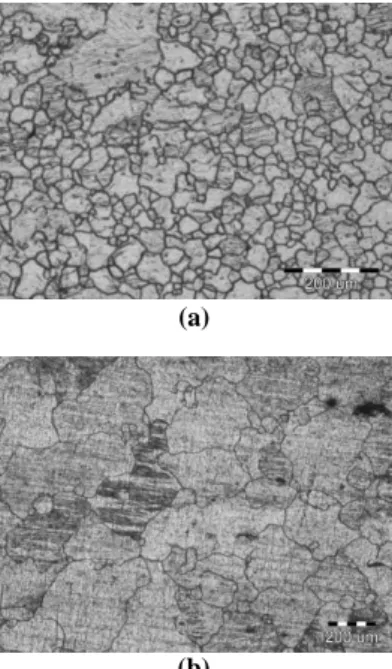 Fig.  9  (a)  Microstructure  of  3mm  thick  AZ31  sheet  after  tensile  test  with  0.001/s  at  400℃,  (b)  Microstructure of 3mm thick AZ31 sheet after  tensile test with 0.001/s at 300℃   