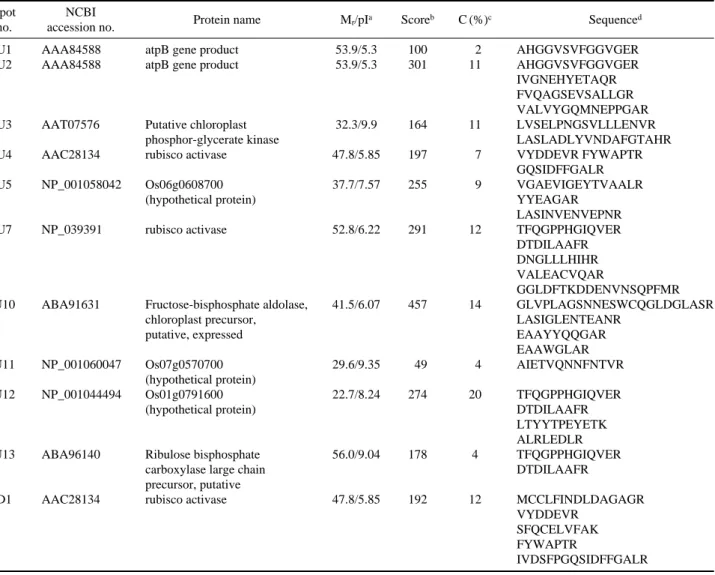 Table 1. Differentially expressed proteins in the WT (D1) and ST-87 (U1-U13) seedlings under salt stress