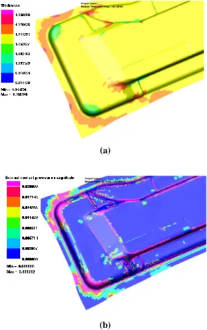 Fig. 1 Distribution of thickness(a) and normal contact  pressure(b) for panel side member stamping 