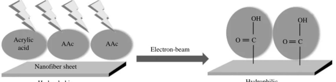 Fig. 1. Schematic diagrams of surface modification of nanofibers using electron - beam irradiation.