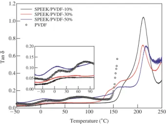 Fig. 1. Storage modulus (E ′) of PVDF and crosslinked SPEEK/