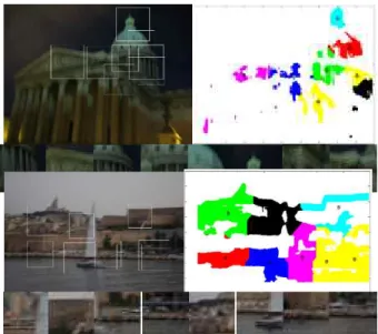 Fig. 9. Patch simulation. From top to bottom, building, Roma and boat shown in [11]. The right sides of the blurry images are k-means results of the patch maps, and sub-images under them are the selected patches.
