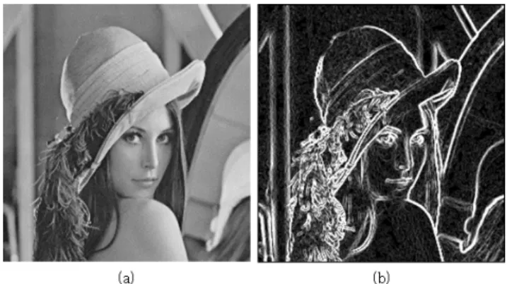 Fig. 1. (a) gray scale image (b) Sobel image 그림 1. (a) 그레이 스케일 이미지 (b) Sobel 이미지 2. 회전 불변 특징을 만들기 위한 처리 영역 추출 회전된 영상의 특징 점을 고안할 때 가장 중요 한 점을 원본 영상 대비 회전된 영상의 특징이 그대로 유지되는 회전 불변 특징을 가져야만 한 다