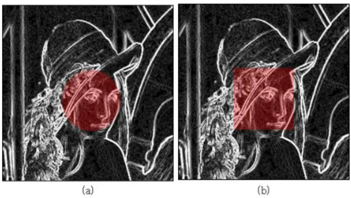 Fig. 2. (a) Circular boundary (b) Square boundary 그림 2. (a) 원형 경계 (b) 사각형 경계 3. 이진화 처리 그림 2(a)와 같이 원형 경계에서 추출된 에지 영상은 많은 정보를 갖으며, 0 ~ 255 의 그레이 크기를 포함하기 때문에 연산의 어려움이 있다