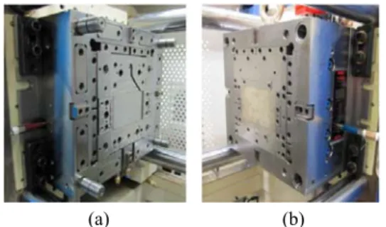 Fig. 8 Pictures of 7 inch LGP mold attached to the  machine; (a) moving part (b) fixed part   