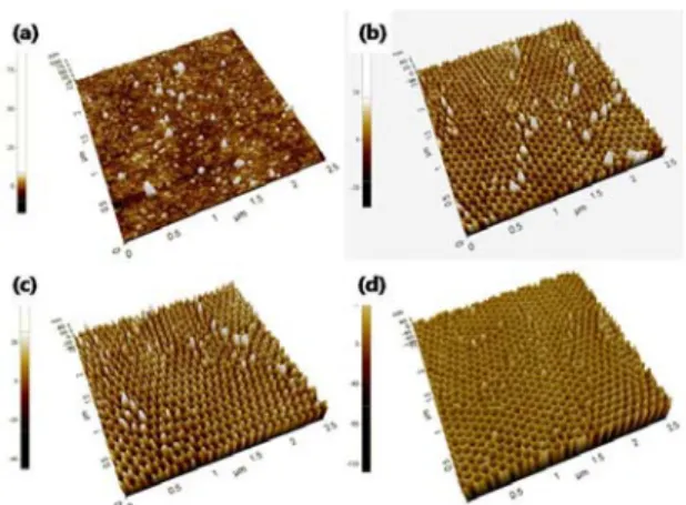 Fig. 1 AFM images of AAO template vs process step :  (a) 1 st  anodizing, (b) etching, (c) 2 nd  anodizing,  (d) pore widening 