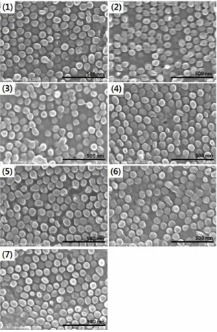 Fig. 11 SEM images of P3HT samples vs experimental  conditions  균값은  5분에서 34.15%, 10분에서 49.10%, 15분에 서 49.97%의  값을  보이고  있으며, Fig