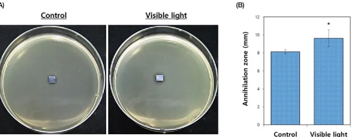 Figure  6.  Photographs  of  antibacterial  agar  diffusion  tests  using  Streptococcus  mutans  (A)  and  results  of  zone  diameter  analysis  for  dead Streptococcus mutans in the presence of PLA/tetracycline coated GNPs-TiO 2  nanotubes (Au 5 min) wi