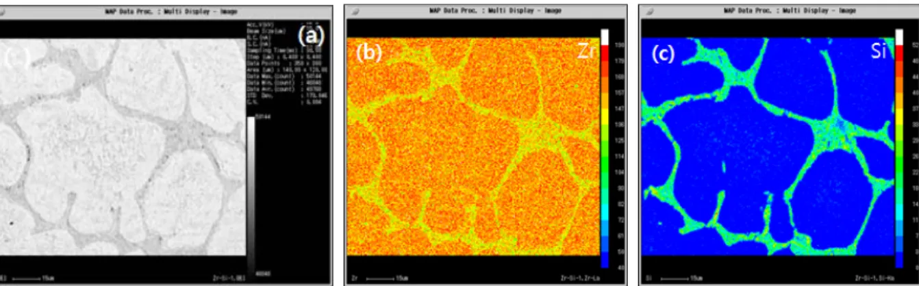 Figure  13.  Electron  probe  micro-analyzer  image  of  Zr-1%Si  binary  alloys;  (a)  BSE  (b)  Zr  and  (c)  Si.
