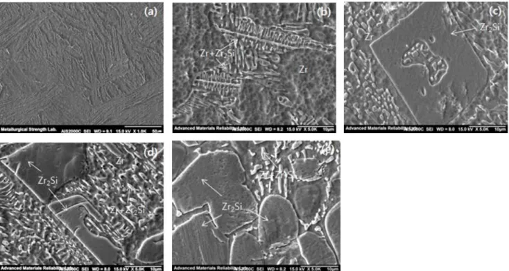 Figure  12.  SEM  images  of  Zr-xSi  binary  alloy;  (a)  As-cast  Zr,  (b)  Zr-1%Si,  (c)  Zr-4%Si,  (d)  Zr-7%Si  and  (e)  Zr-10%Si.