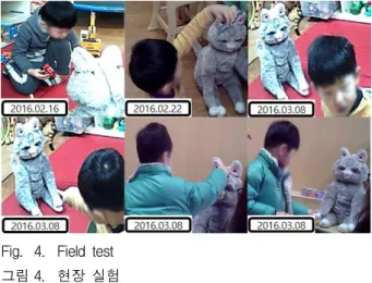 Fig. 4. Field test 그림 4. 현장 실험 Ⅴ. 결론 현장 실험의 결과를 토대로 로봇의 동작 및 구 조를 변경하고 반복 실험을 하여 치료 목적의 결 과를 얻어냈으며 이는 타이머 인터럽트를 이용한 것으로써 고양이 로봇에게 무관심했던 자폐아동 의 관심을 소리와 연계된 동작을 이용하여 얻어 치료 활동에 참여를 유도할 수 있었고 이후 고양 이 로봇에게 친밀감을 느끼며 만지는 상호작용을 하였다