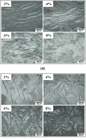 Fig. 3 Optical microstructures with strain along the  (a) RD and (b) ND 