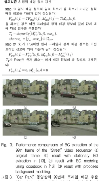 Fig. 3. Performance comparisons of BG extraction of the 99th frame of the “Street’’ video sequence: (a) original frame, (b) result with stationary BG extraction in [13], (c) result with BG modeling using codebook in [16]