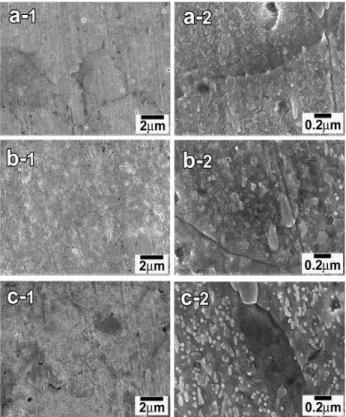Figure  4는  950℃에서  10분간  용체화처리한  시편  (a),  stage  0의  냉각속도로  oxidation  처리한  시편  (b),  그리 고  stage  3의  냉각속도로  oxidation  처리한  시편  (c)의  8,000배  (1),  60,000배  (2)의  전계방출주사현미경  사진 이다